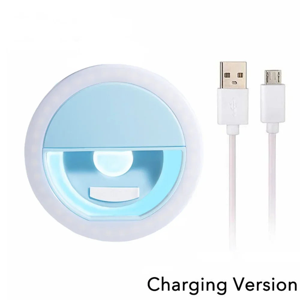 Rechargeable clip-on LED selfie ring light for phones, blue