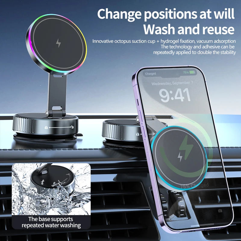 15W vacuum suction magnetic wireless charging car mount, view 3