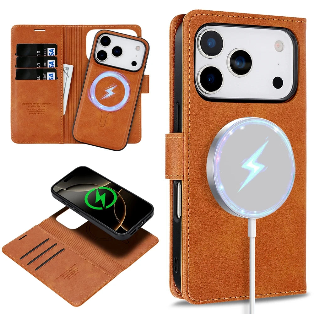 2-in-1 leather MagSafe wallet case for iPhone 12–18, brown