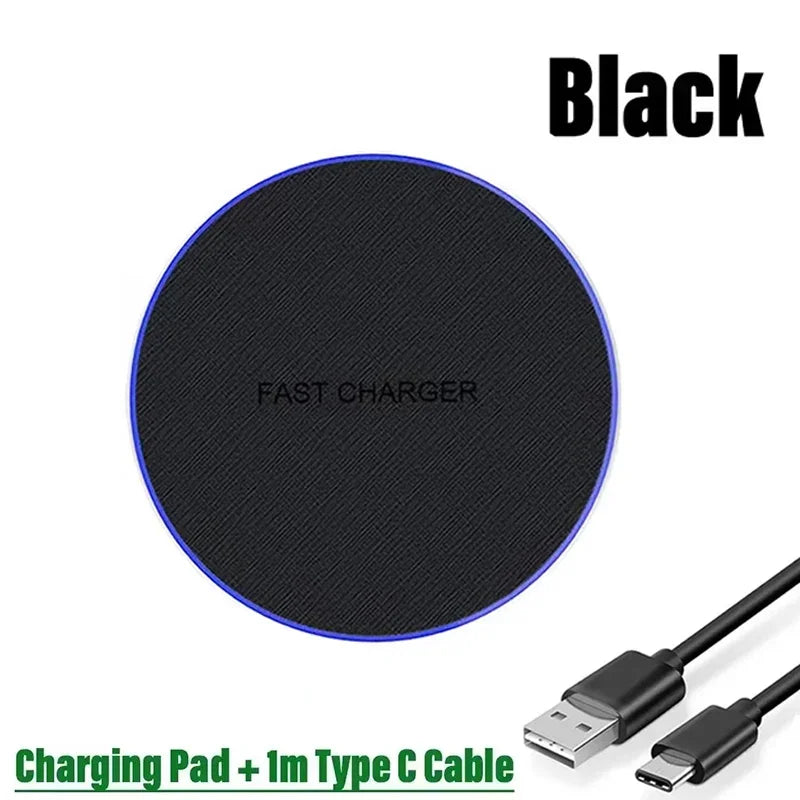 Ultra-thin fast wireless charger pad for iPhone and Samsung Galaxy, with cable black