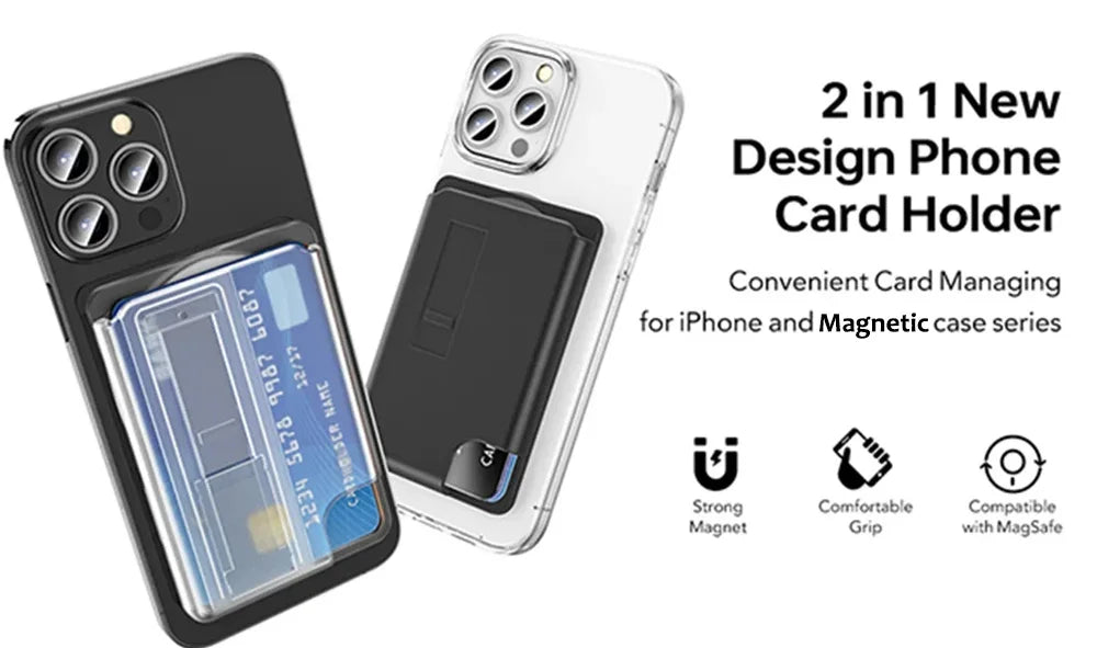 Magnetic card holder with finger strap grip, view 6