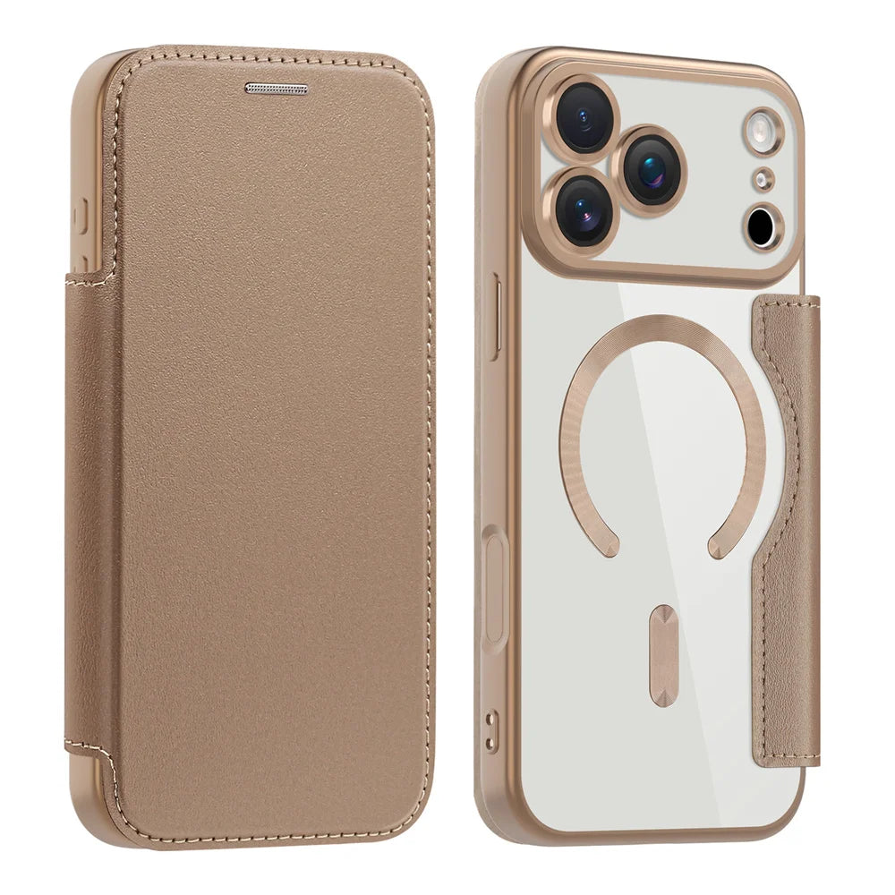 Clear flip leather wallet case, gold