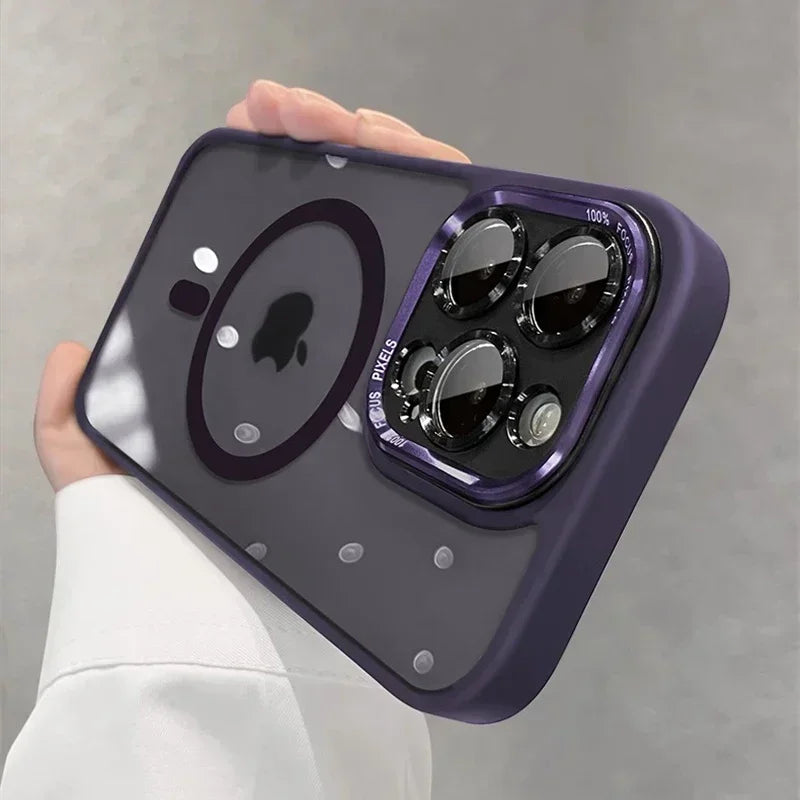Clear magnetic case with metal lens bumper for iPhone 11–18, dark purple