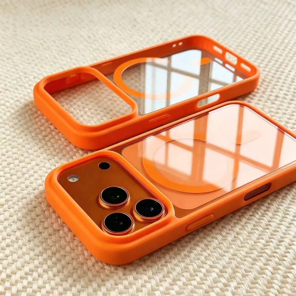 Transparent acrylic MagSafe case for iPhone 12–17 & Air, orange