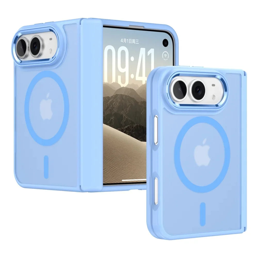 Frosted blue case on iPhone Duo, folded back view