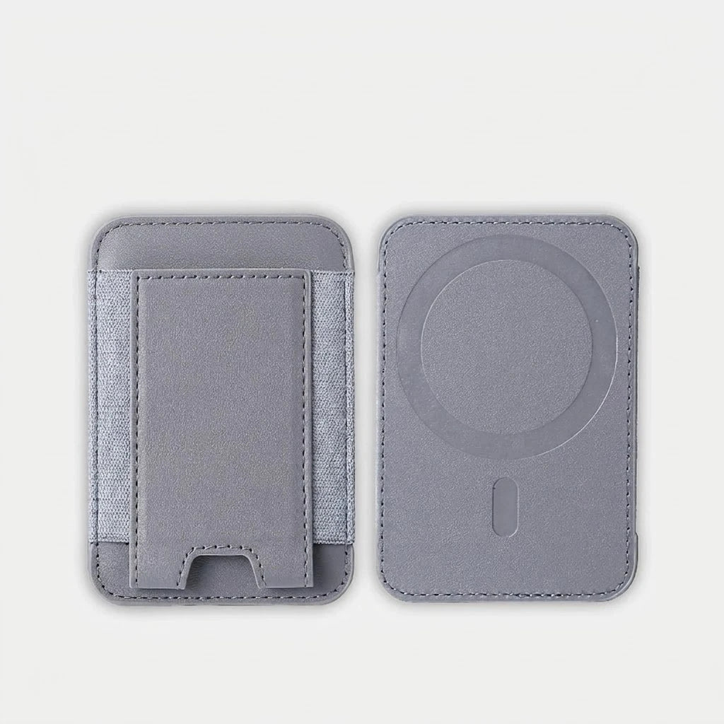 MagSafe leather card holder wallet with elastic pocket, grey