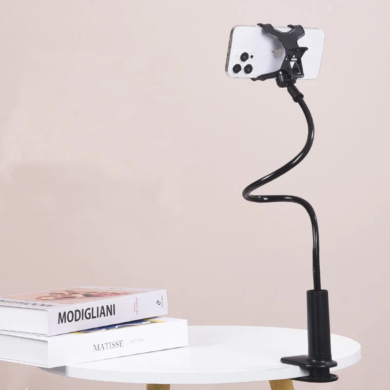 Bedside phone holder with flexible long arm and swivel headrest, black