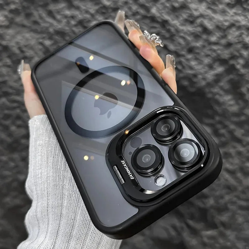 Magnetic kickstand case with lens protection for iPhone 11–18, black