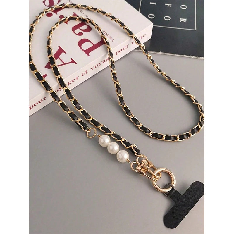 Long pearl chain crossbody phone lanyard, view 6
