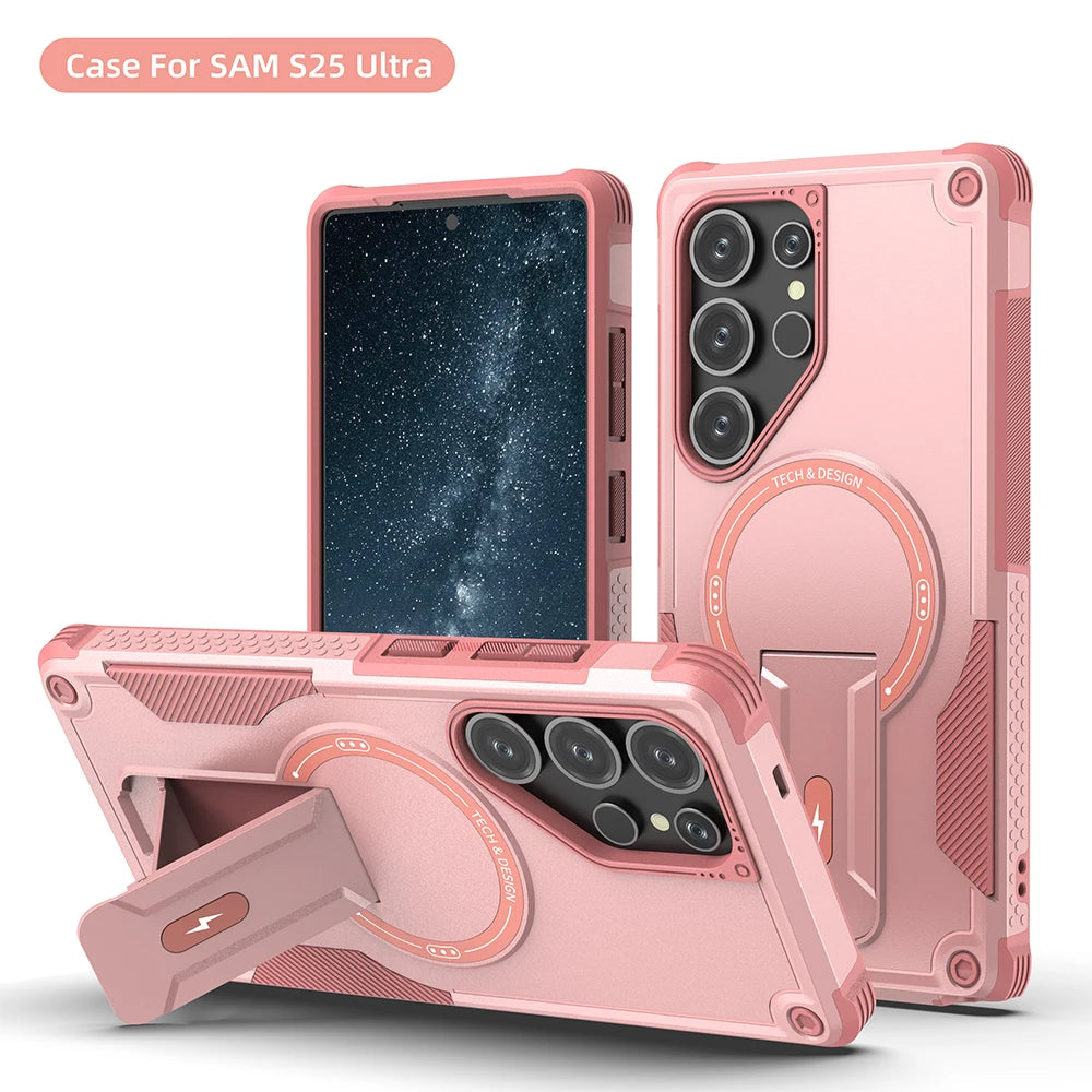 Magnetic armor case with fold stand for Samsung Galaxy S and A series, pink