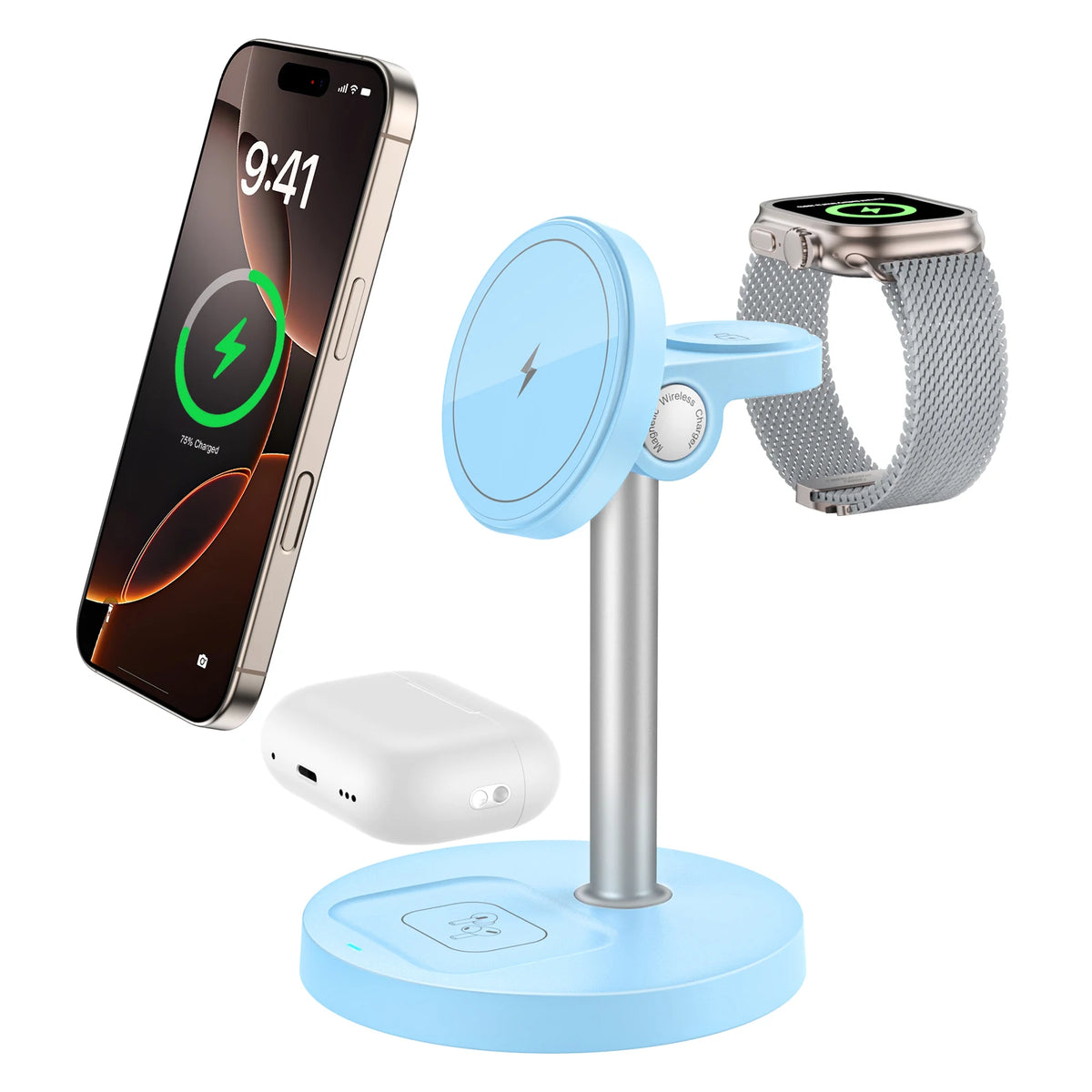 15W 3-in-1 magnetic charging stand for iPhone, blue