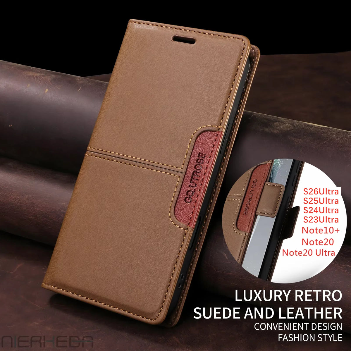 Flip leather wallet case for Samsung Galaxy S, Note and A series, brown