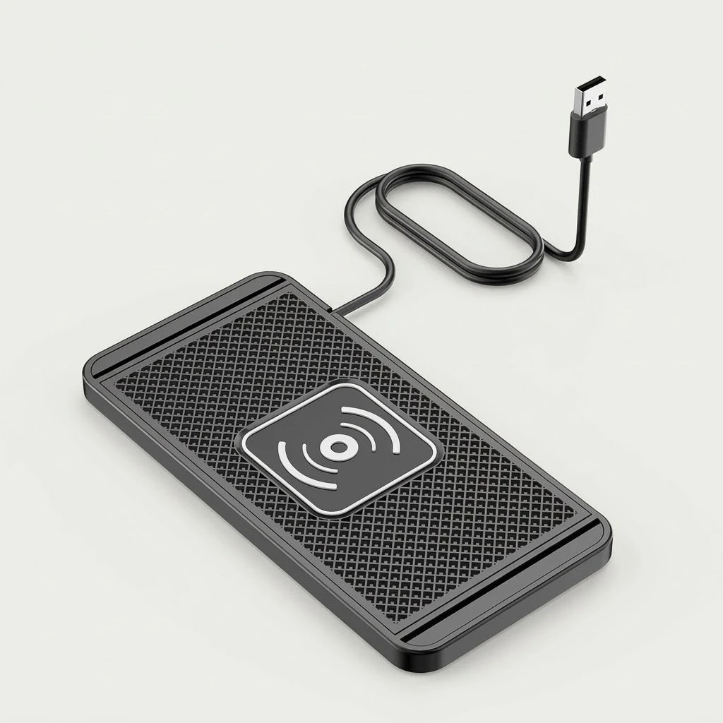 Anti-slip car dashboard wireless charging pad with USB cable, studio shot