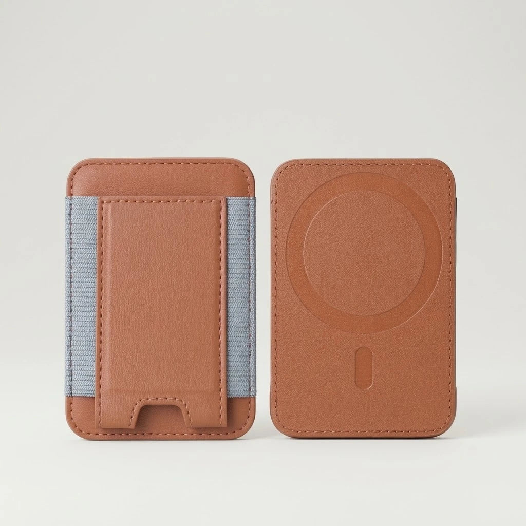 MagSafe leather card holder wallet with elastic pocket, brown