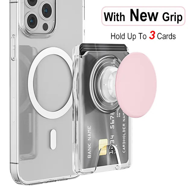 Magnetic wallet with expanding phone grip for iPhone & Samsung, transparent pink