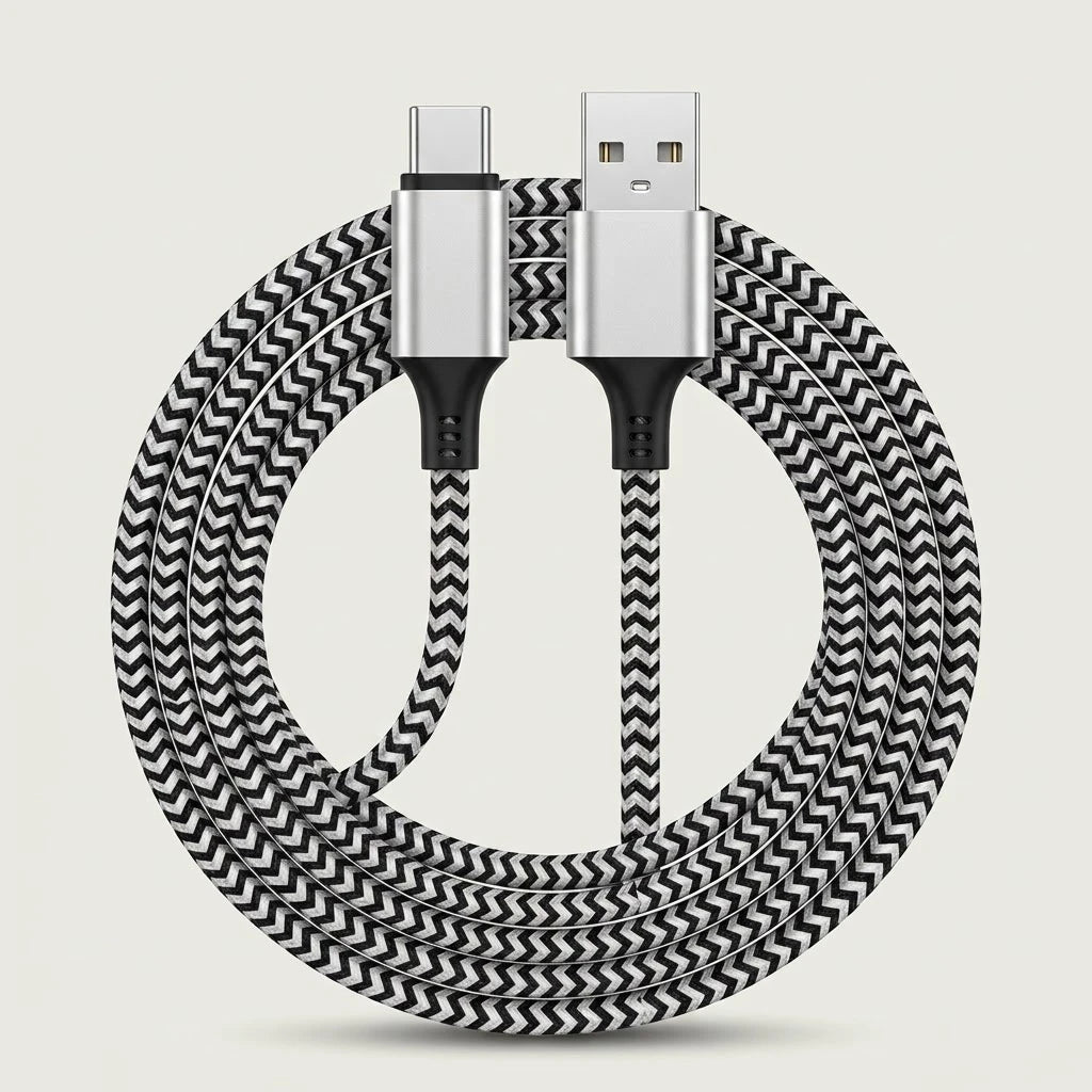 Black and white braided USB-A to USB-C fast charging cable, studio shot
