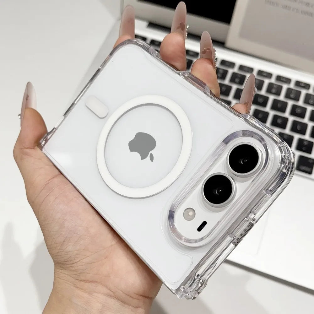 Clear MagSafe case on a folded iPhone Duo in hand, twin rear lenses visible
