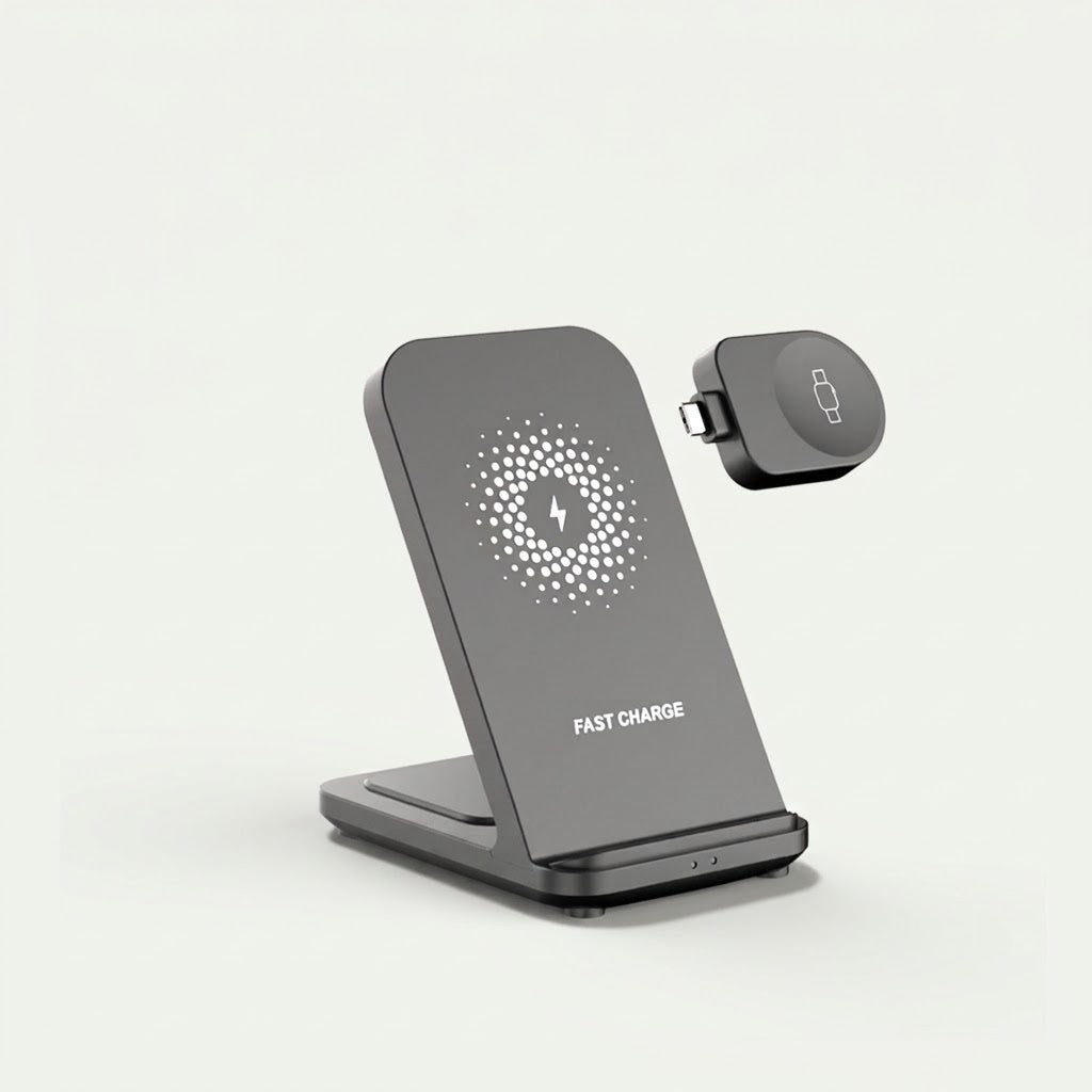 Foldable wireless charging stand with Samsung Galaxy Watch charger, grey
