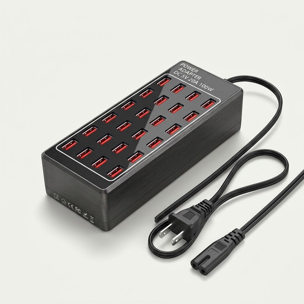 24-port USB charging station with power cord, black, US plug