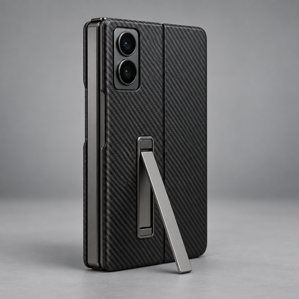 Kevlar-Style Metal-Stand Case – iPhone Duo — back view with foldable device and kickstand open