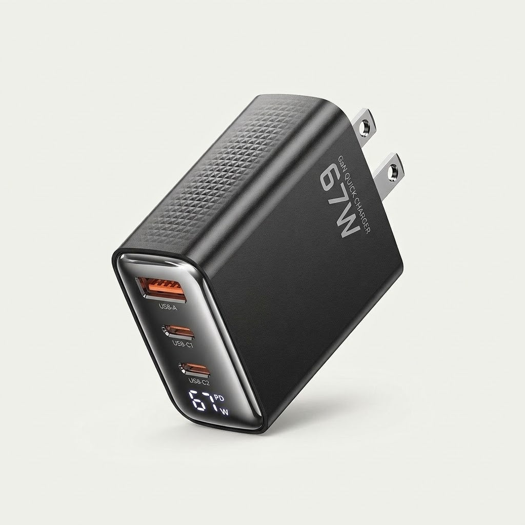 67W fast charger with digital display, black, US plug