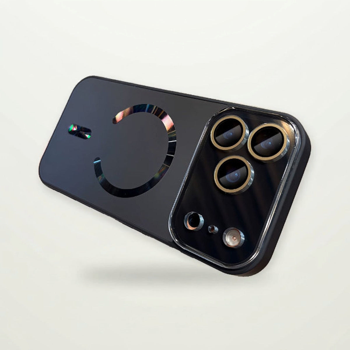 Frosted Plated MagSafe Case for iPhone in Black with gold lens rings