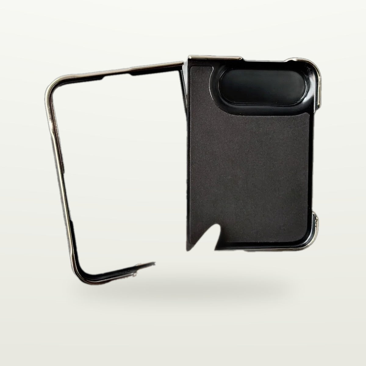 AG Frosted Plating Case for iPhone Duo opened flat, frosted back and hinge panel