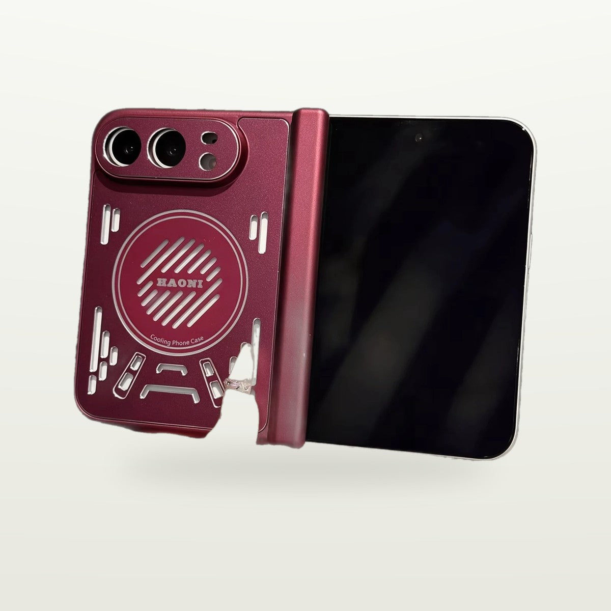 Honeycomb Cooling Case for iPhone Duo opened, vented cooling back in maroon