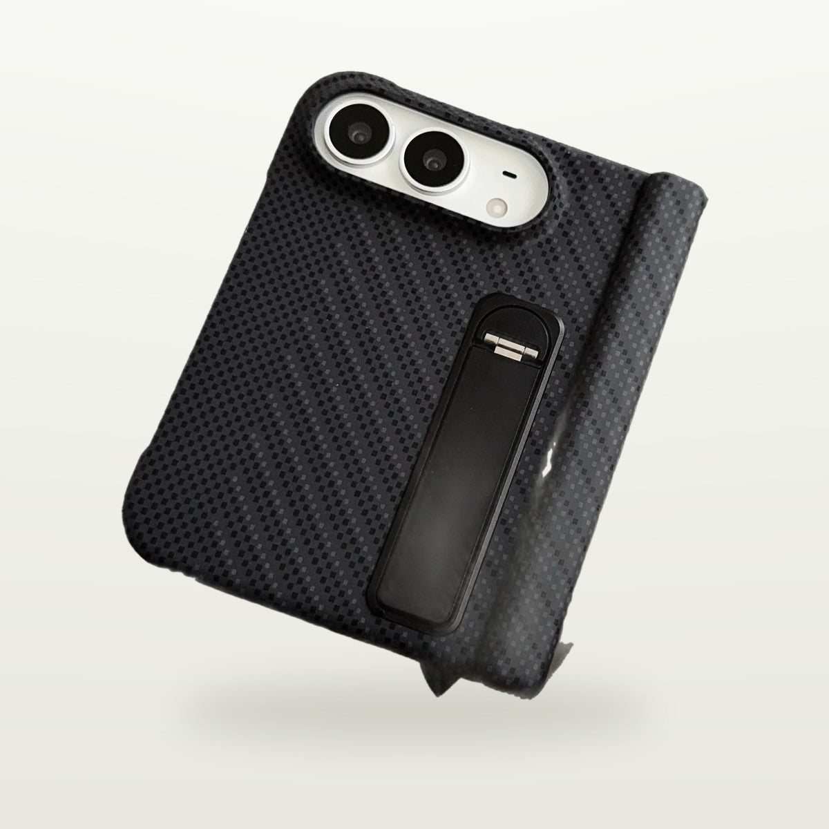 Kevlar-Style Metal-Stand Case for iPhone Duo in black with integrated metal stand