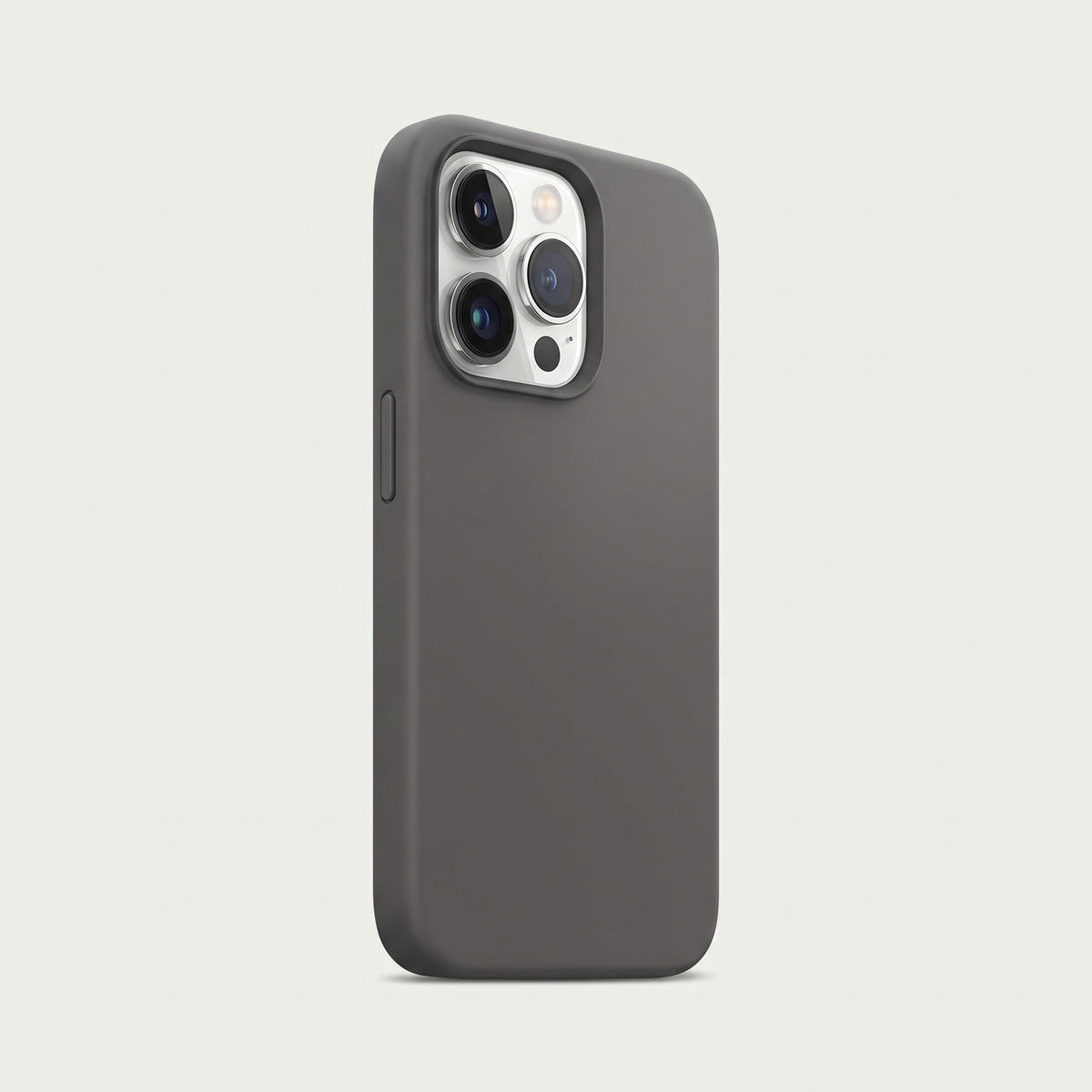 Graphite gray soft-touch liquid silicone case for iPhone 15 and 16 Pro, studio shot