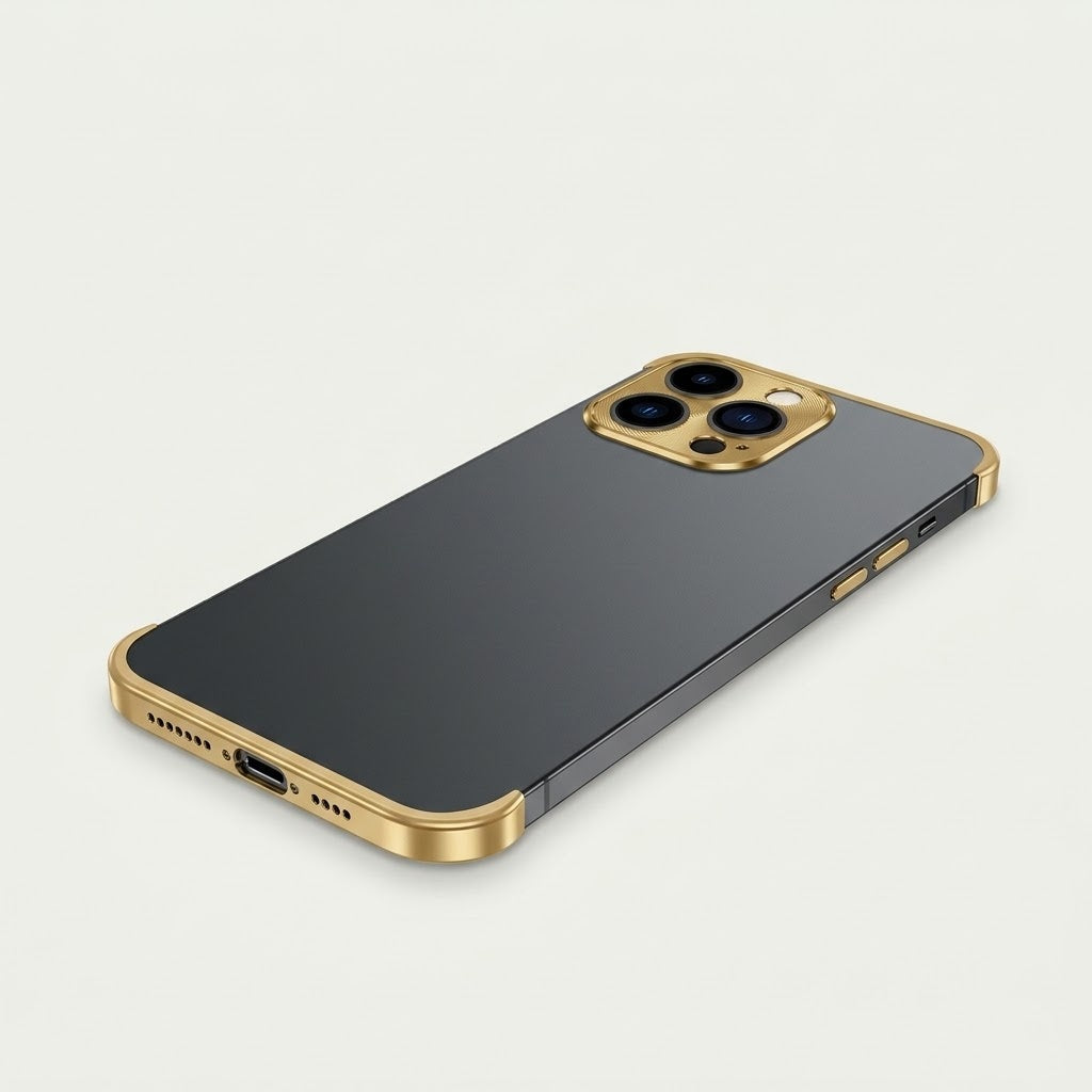 Gold metal bumper frame with camera lens guard on a black iPhone, studio shot