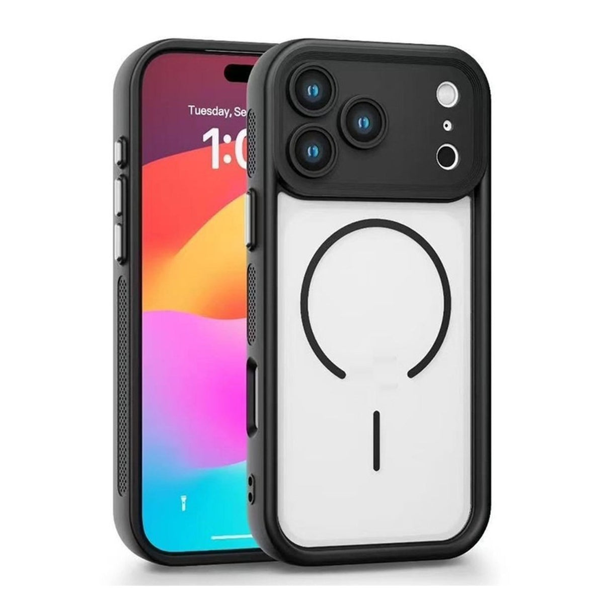 Black soft-touch matte MagSafe case for iPhone 17 with translucent back and camera guard