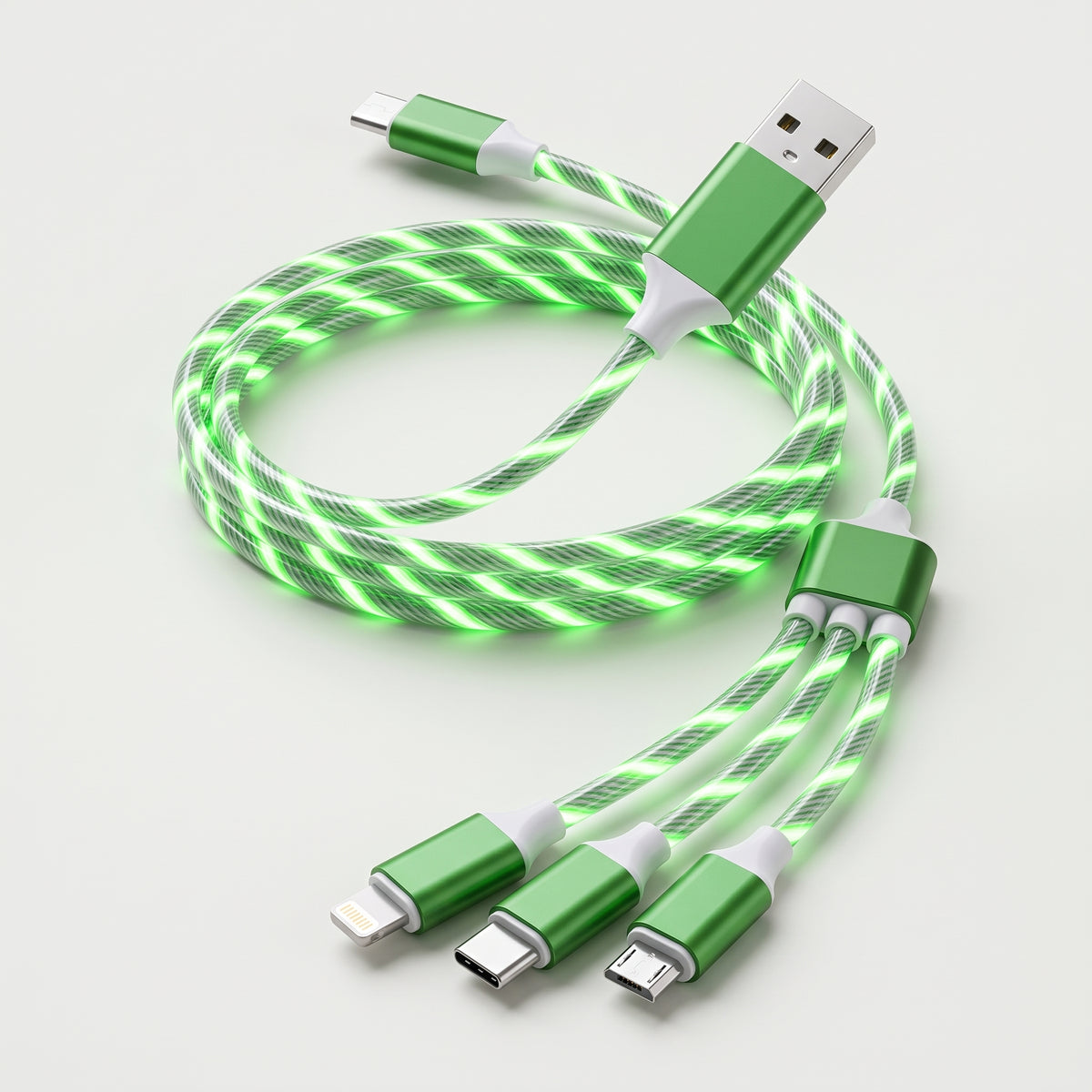 Green LED flowing-light 3-in-1 charging cable with USB-A plug and Lightning, USB-C and Micro-USB connectors