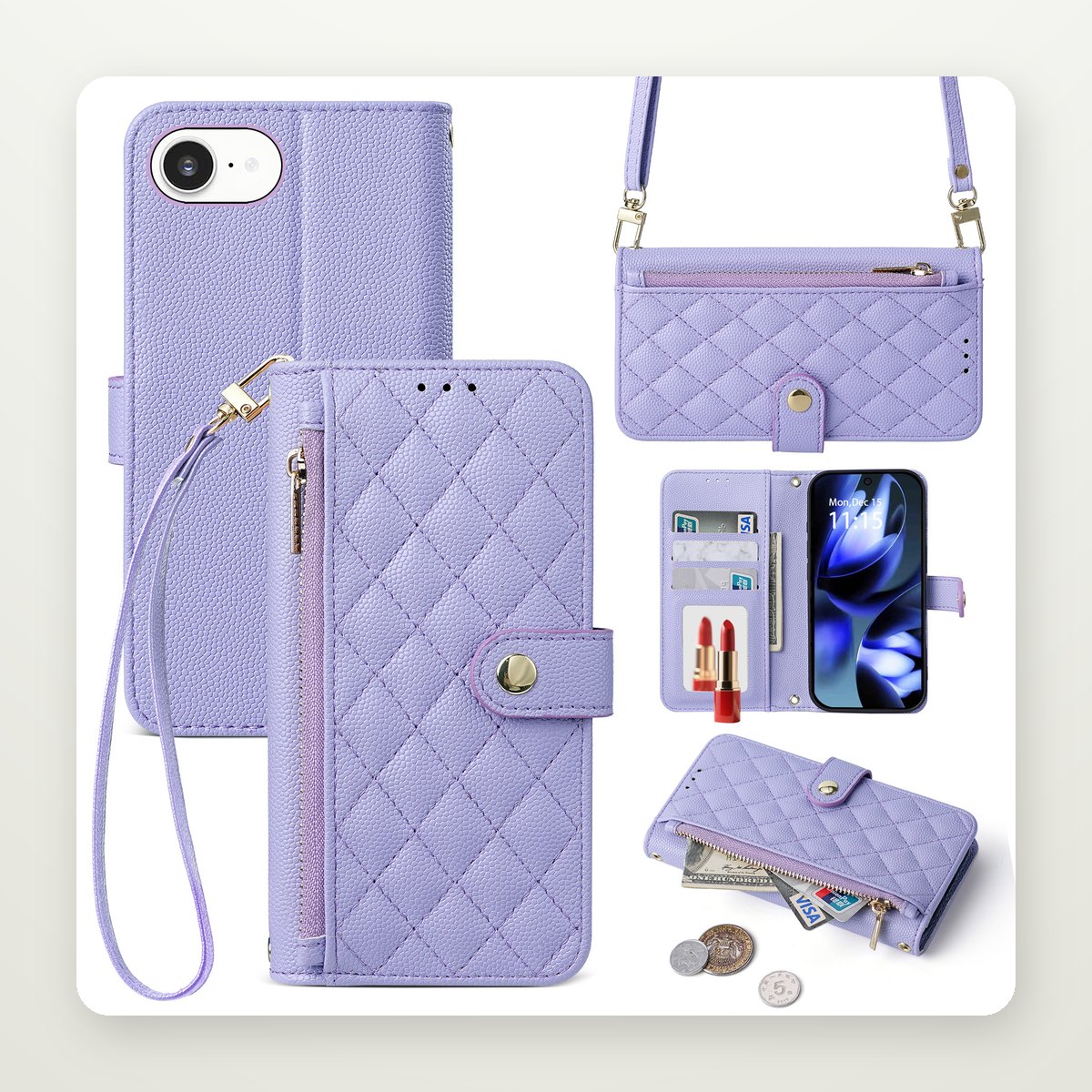 Zip Wallet Crossbody Case with Mirror for iPhone 13–17