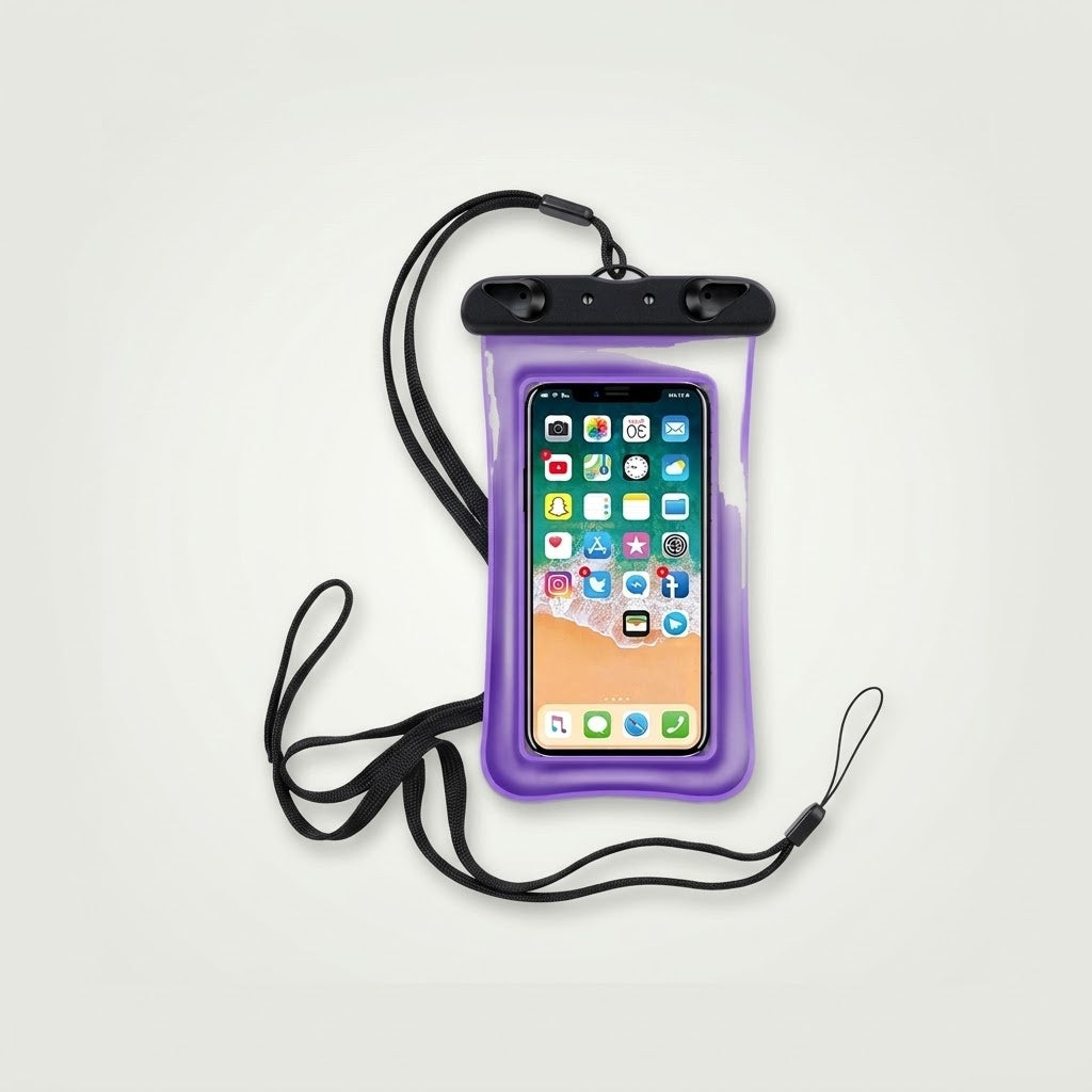 Waterproof phone pouch with lanyard, purple