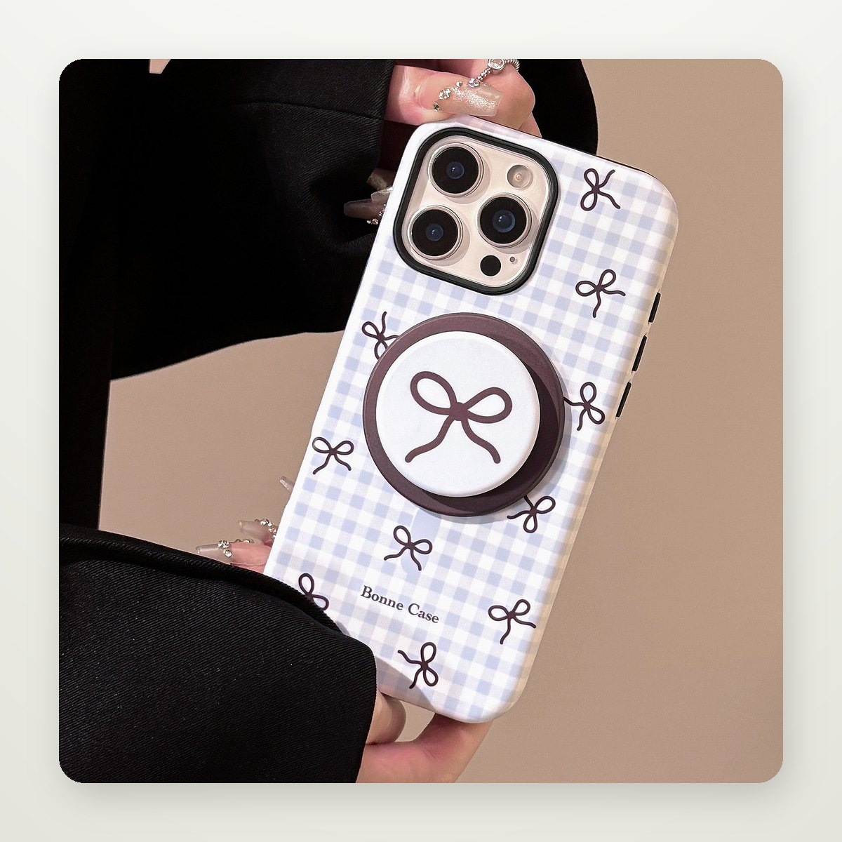 Plaid Bow Case with Optional Magnetic Stand for iPhone 13–17