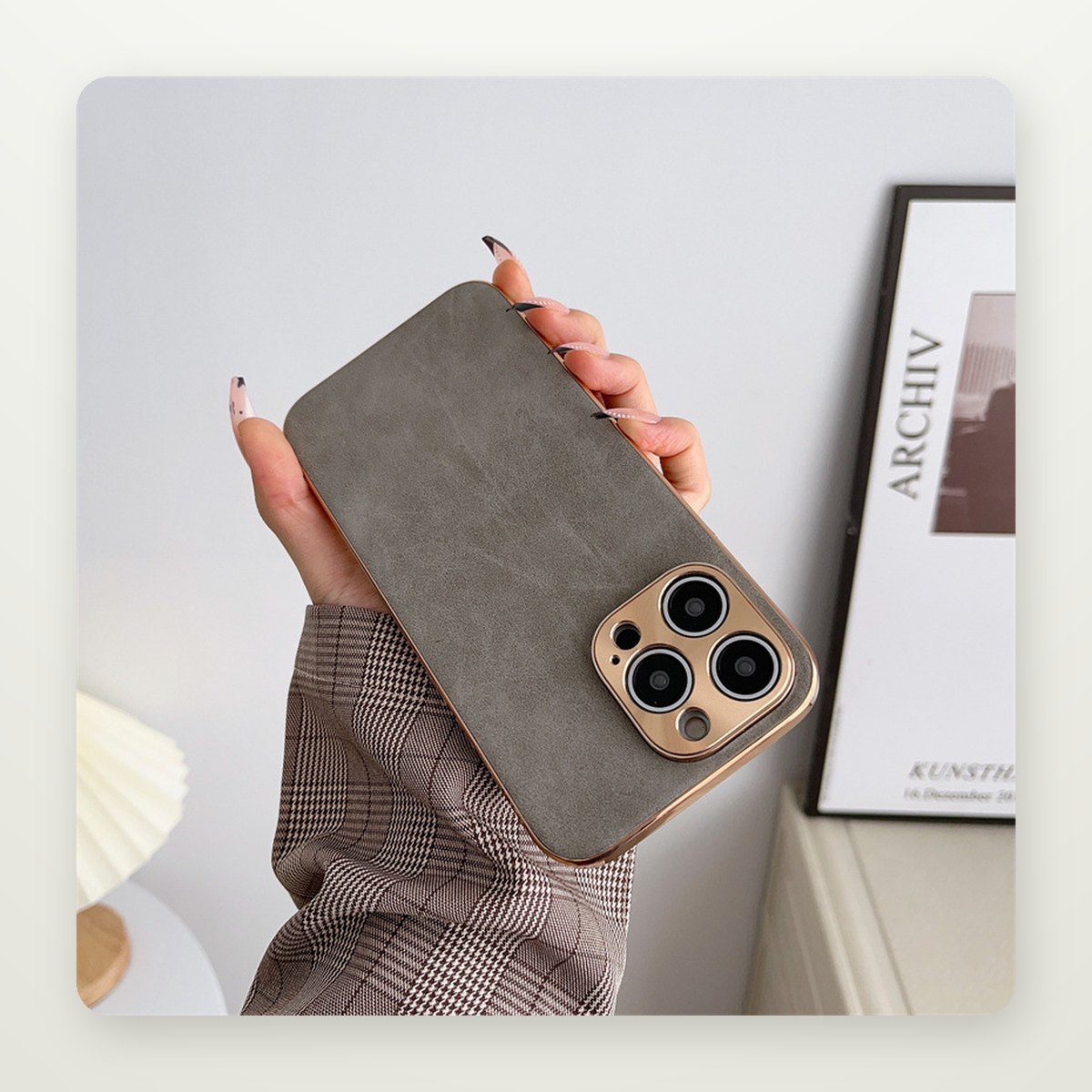 Plated Leather-Texture Case with Metal Lens Frame for iPhone 13–17