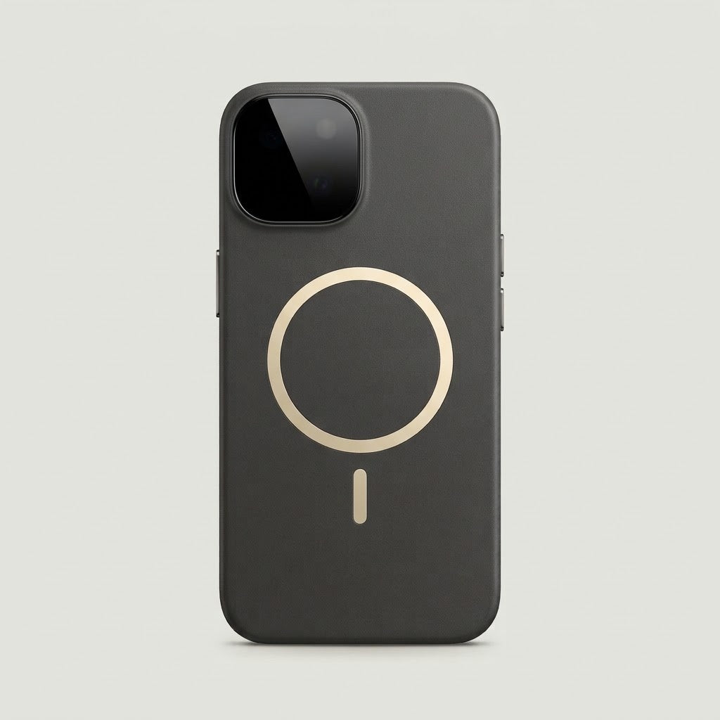 Charcoal MagSafe phone case with gold magnetic ring