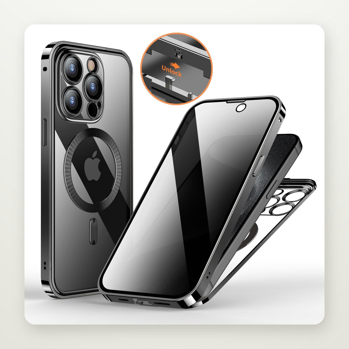 Privacy Glass Metal Buckle Case for iPhone 13–15
