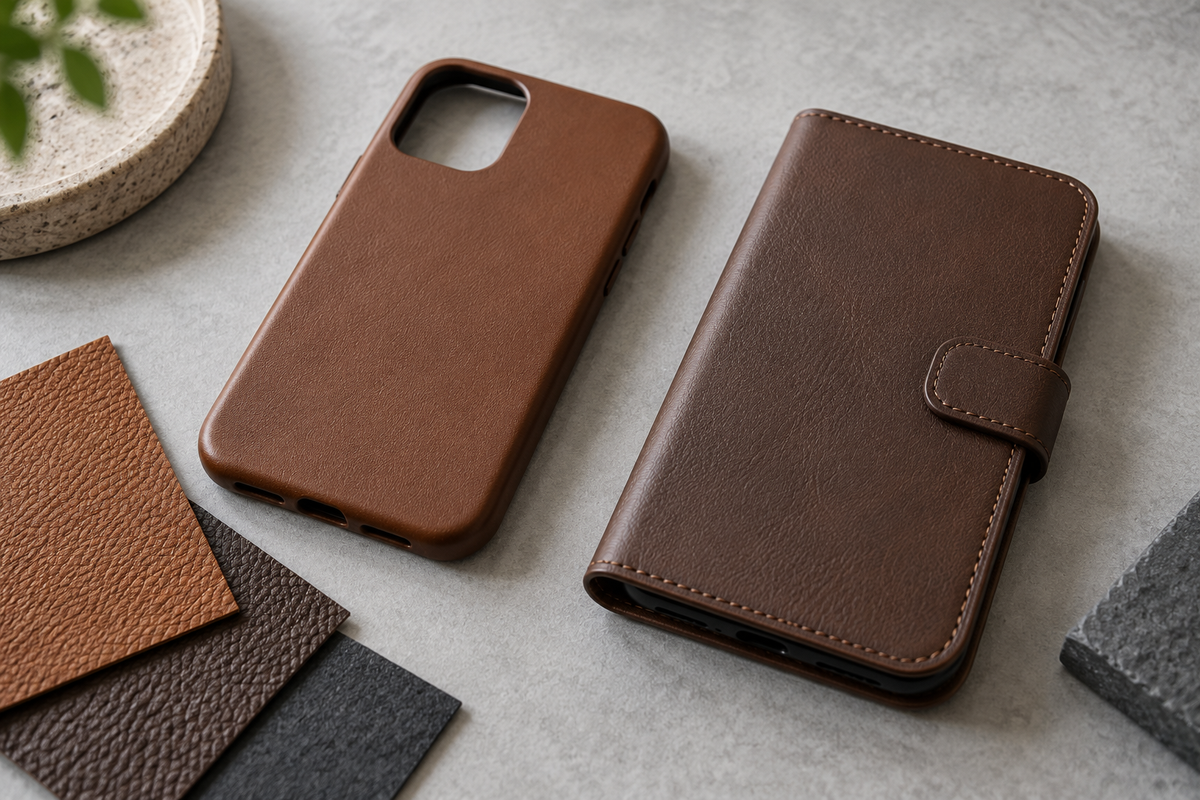 Conceptual illustration of two brown phone cases and textured material swatches on a light tabletop