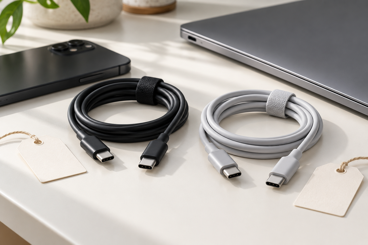 Illustration of two USB-C cables beside a phone, laptop and blank identification tags.