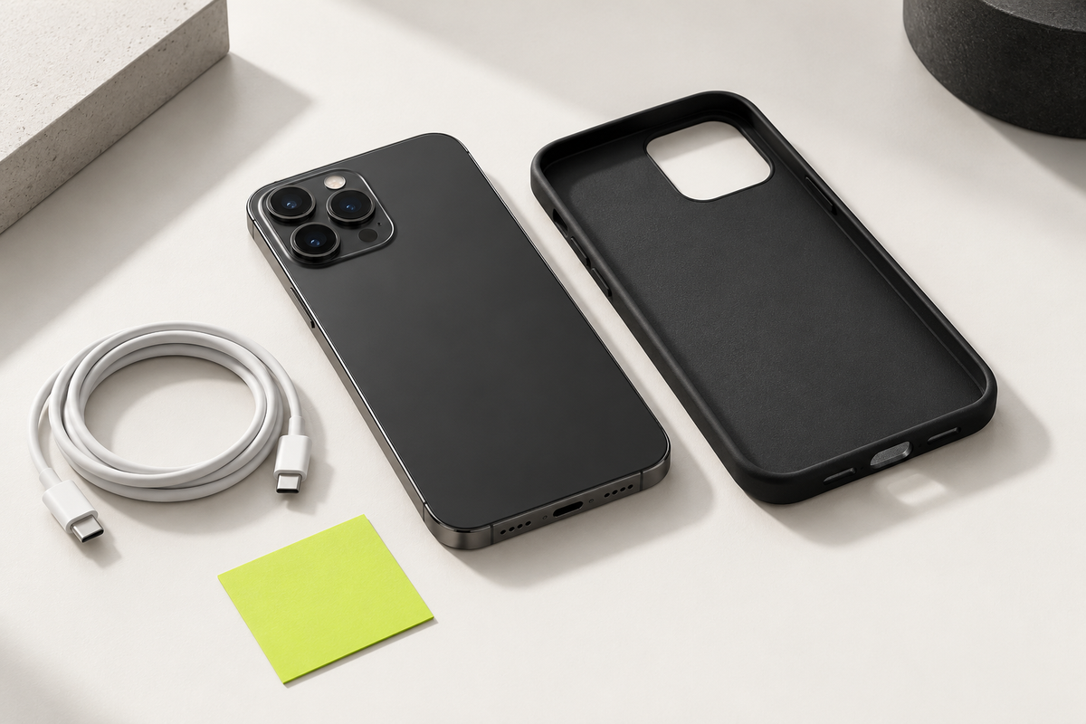 An unbranded dark phone beside a black case and coiled USB-C cable on a light surface.