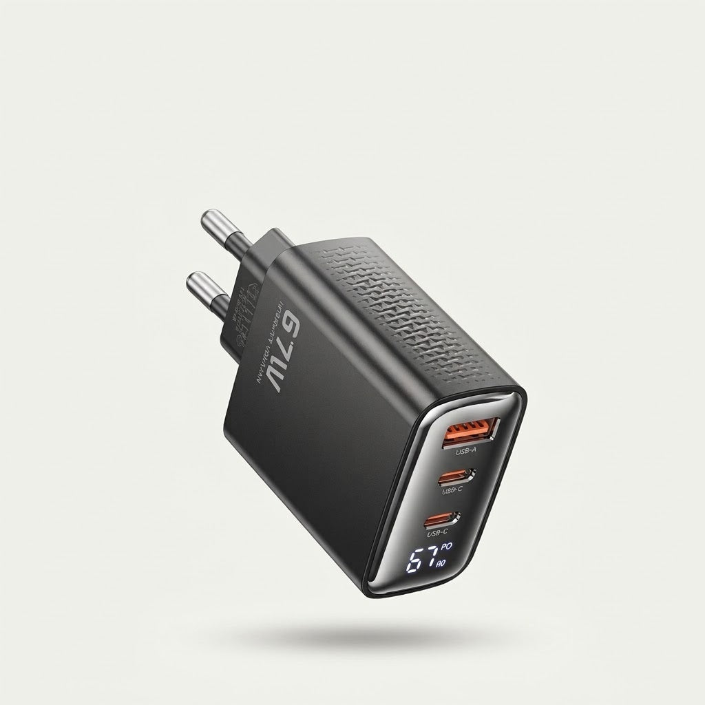 67W GaN fast charger with digital display, black, KR plug