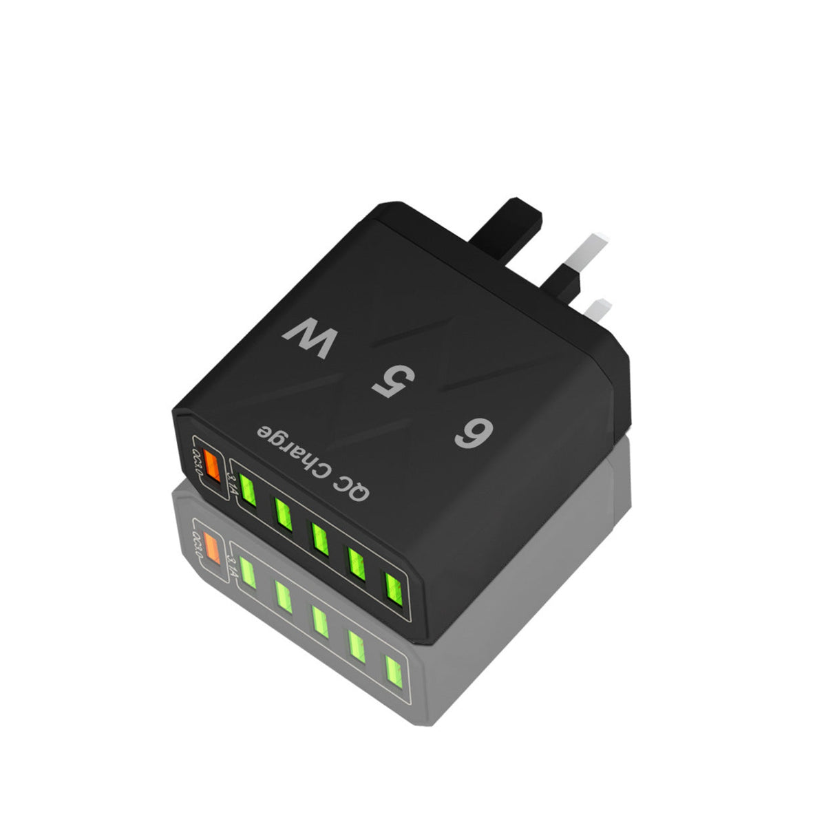 6-port USB QC fast charger, black, UK plug