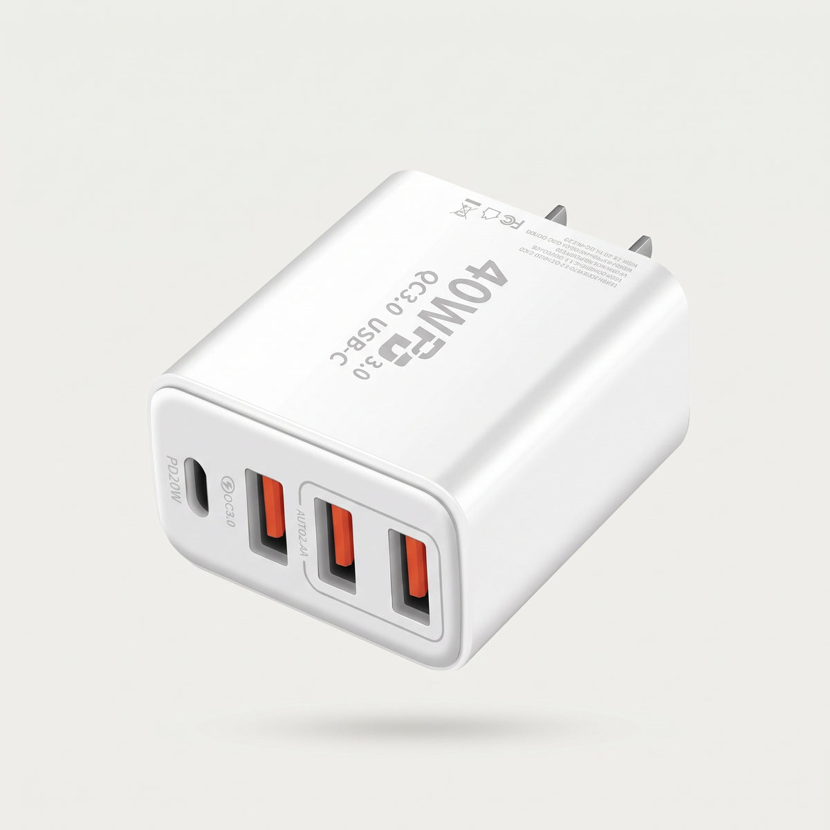 White 40W PD fast wall charger with one USB-C and three USB-A ports, studio shot
