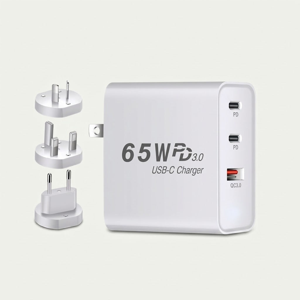 65W PD 3.0 USB-C GaN charger with interchangeable US, EU, UK and AU plugs, white