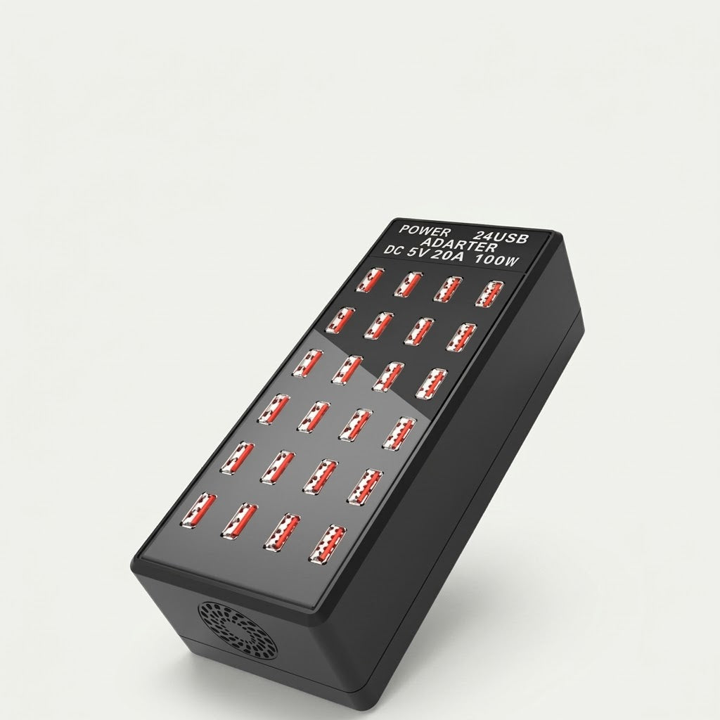 Black 24-port USB charging station, 100W multi-device charger, studio shot
