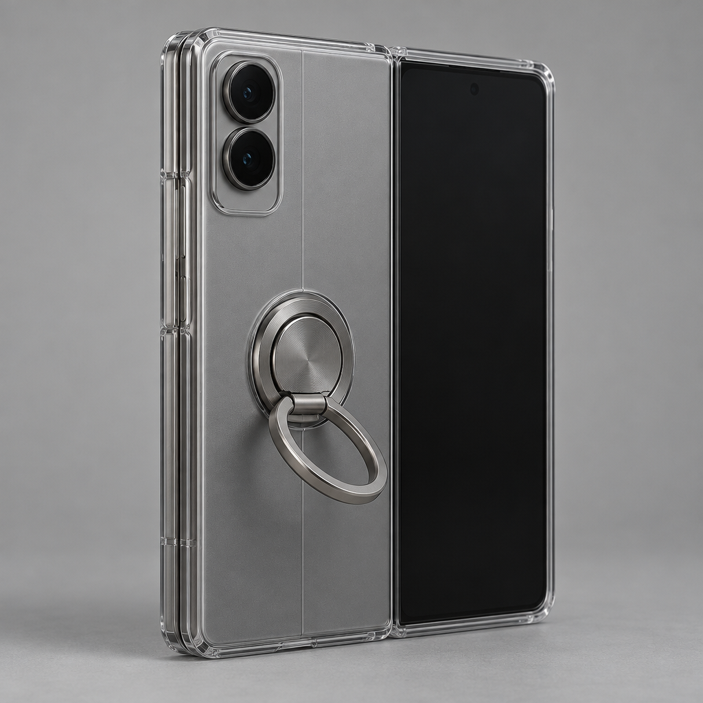 360 Rotating Stand Clear Case – iPhone Duo — back view with foldable device and kickstand open