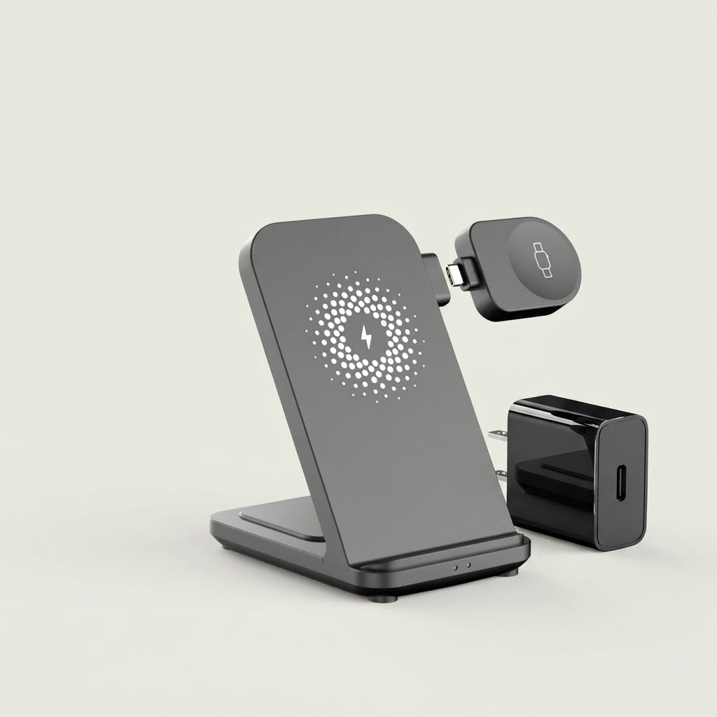 Foldable wireless charging stand with Samsung Galaxy Watch charger and US wall adapter, grey
