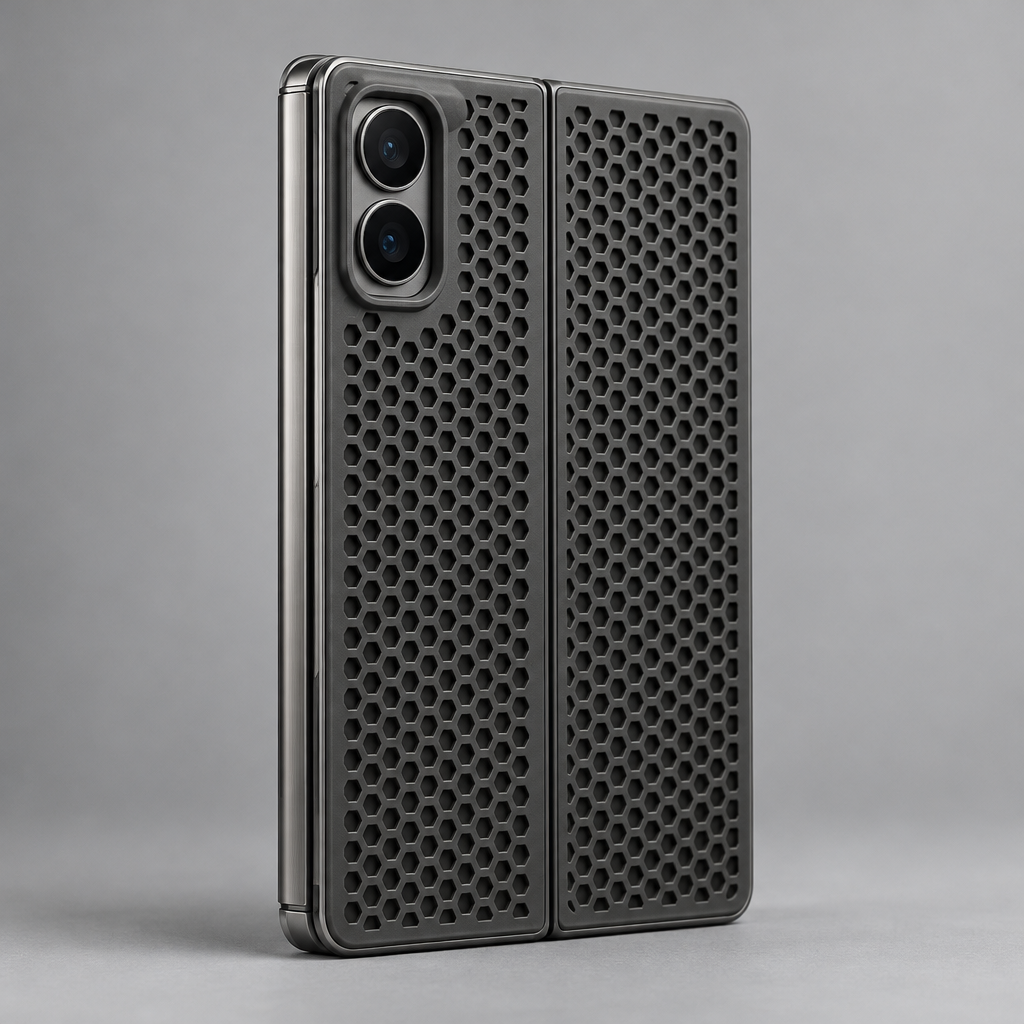 Honeycomb Cooling Case – iPhone Duo — back view with foldable device